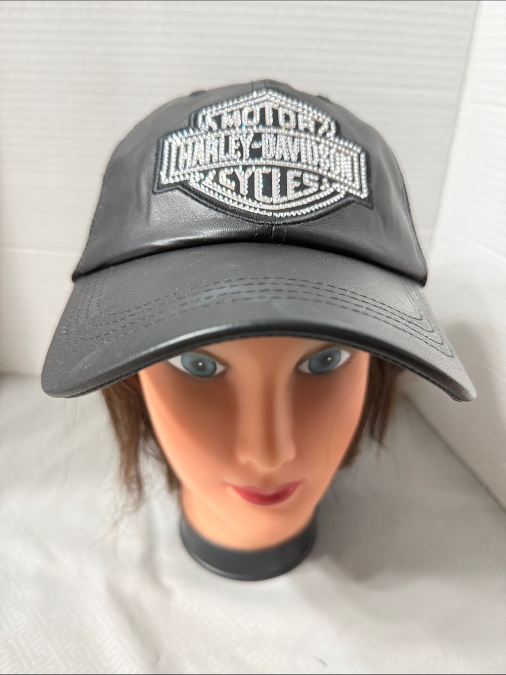 Harley-Davidson Biker Bling Bar & Shield Black Leather Rhinestones Trucker  Cap